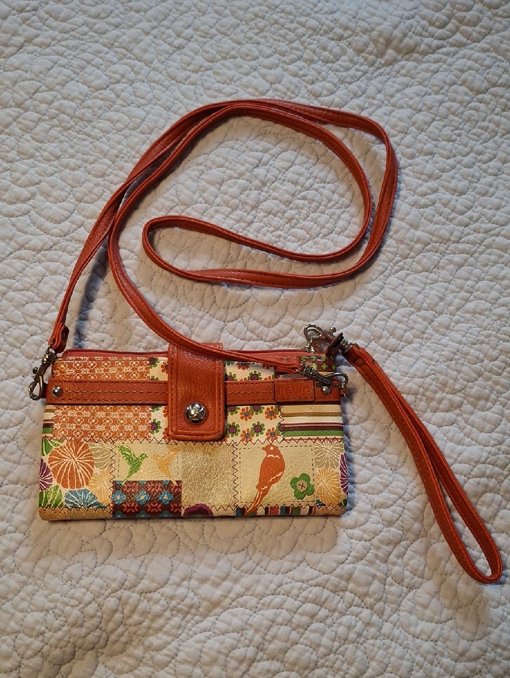 Relic Orange Patchwork Floral & Bird Crossbody Wallet